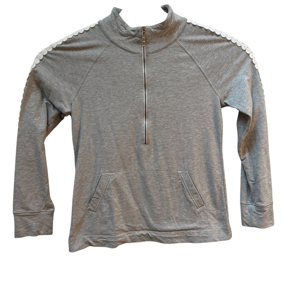 Lilly Pulitzer Women Medium Gray Skipper Popover Lace Trim Quarter Zip Pullover